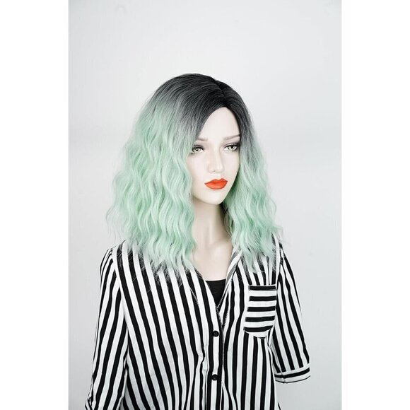 Cosplay Synthetic Hair Lace Wig Body Wavy Black to Green Ombre w/ Skull Clip - Picture 2 of 5